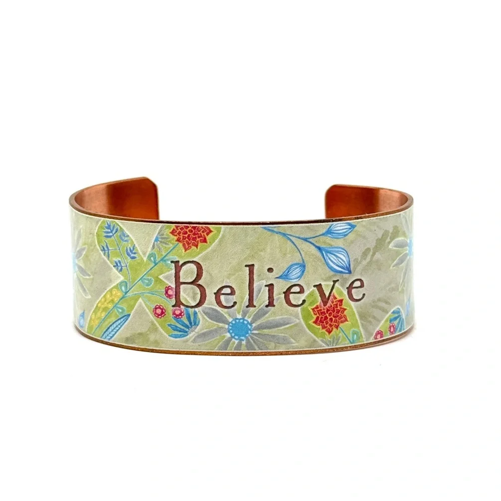 Copper Inspirational Cuff Bracelet Floral Believe